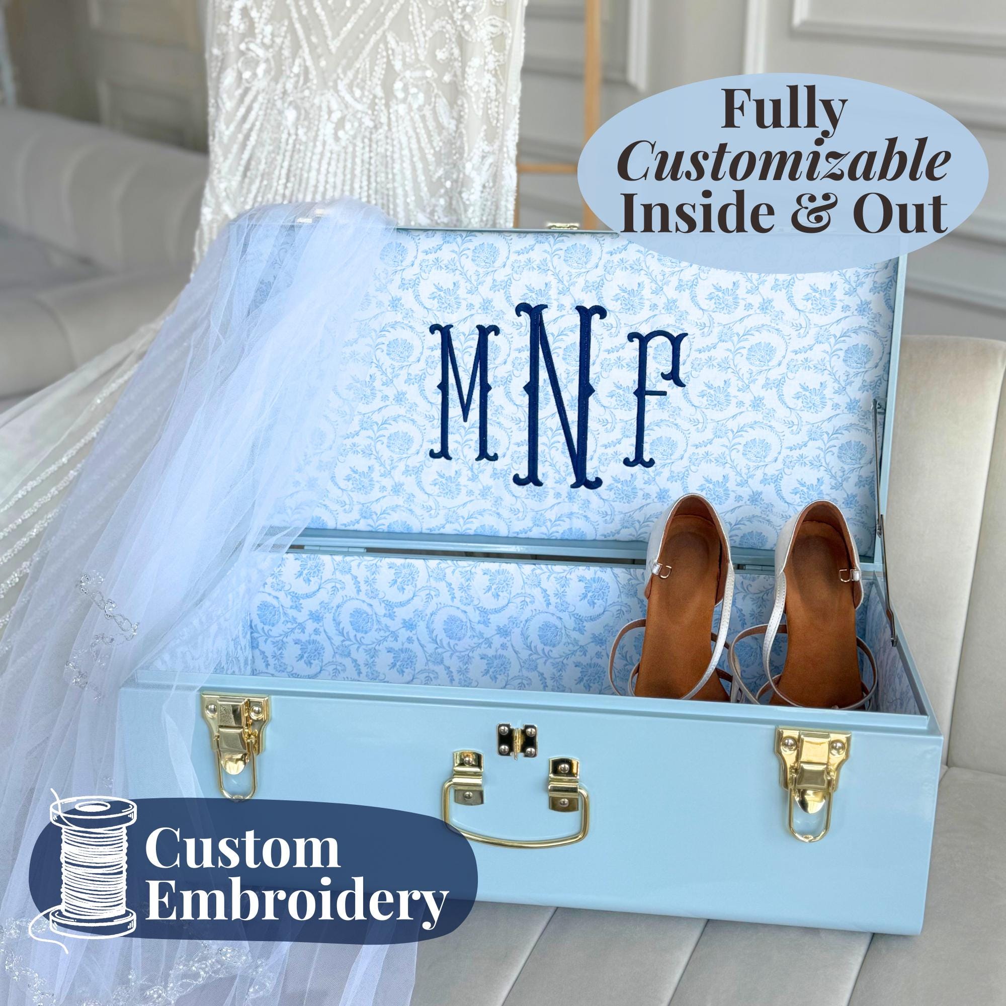 Bride Keepsake Trunk for Bride to Be Wedding Day Something Blue with Last Name Gift for Daughter Heirloom Wedding Memory Box for Anniversary