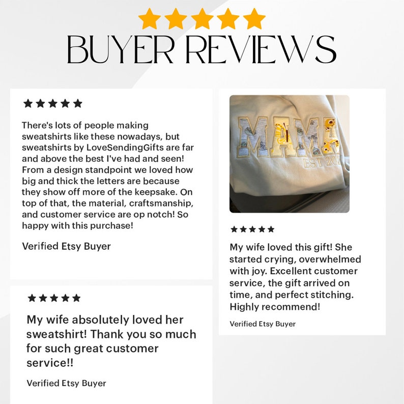 May include: Five-star reviews for a personalized sweatshirt with the word "MAMA" in gold letters on a beige sweatshirt. The reviews highlight the quality of the product and the excellent customer service.