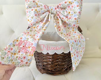 Custom Easter Basket Bow Personalized Child Easter Gift for Girl Room Spring Wall Decor for Baby Nursery Fabric Bow Embroidered Monogram