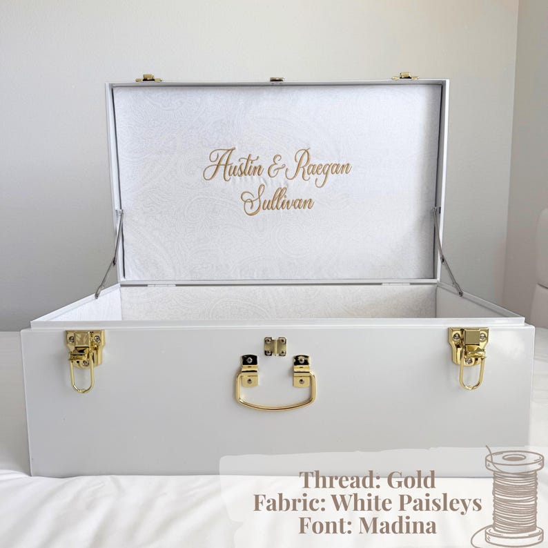 Personalized Keepsake Trunk Closing Gift Client Appreciation Memory Box White Exterior Gold Hardware Decorative Chest Fabric Lined Storage image 7