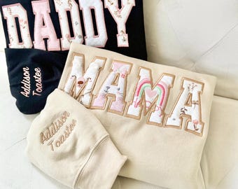 Embroidered Mama Sweatshirt with Baby Outfit Keepsake Idea for Child Clothes Applique Momento Gift for Mothers Day Keepsake Mom Sweater Gift