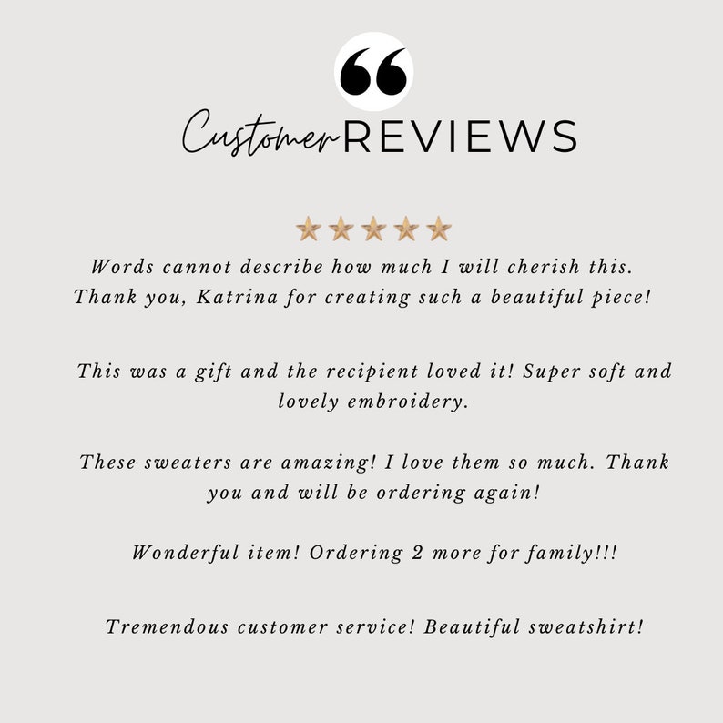 May include: Five-star customer reviews for a handmade item. The reviews highlight the quality, craftsmanship, and customer service. "Words cannot describe how much I will cherish this. Thank you, Katrina for creating such a beautiful piece! This was a gift and the recipient loved it! Super soft and lovely embroidery. These sweaters are amazing! I love them so much. Thank you and will be ordering again! Wonderful item! Ordering 2 more for family!!! Tremendous customer service! Beautiful sweatshirt!"