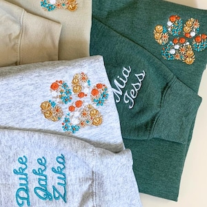 Floral Embroidered Fall Sweatshirt Custom Autumn Crewneck w Pet Name on Sleeve Fall Sweatshirt for Dog Lover Fall Fur MAMA Sweatshirt image 7