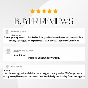 May include: Five-star reviews for a sweatshirt shop. The reviews highlight the quality of the sweatshirts, the beautiful embroidery colors, and the personalized packaging. One reviewer mentions receiving many compliments on their sweaters.