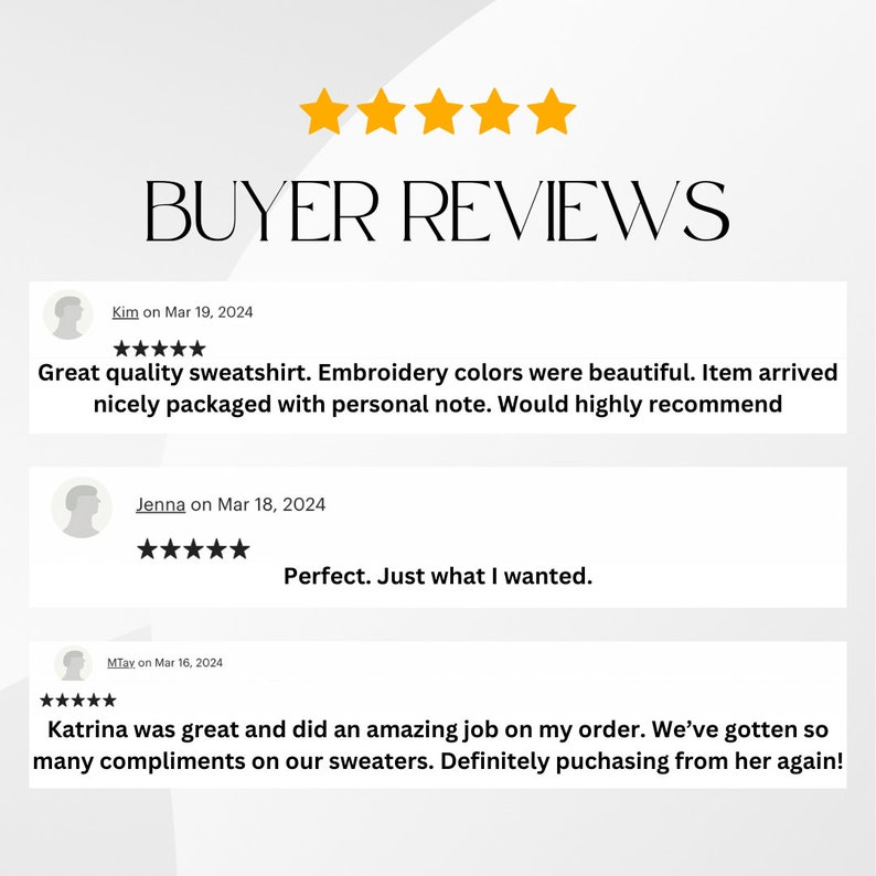 May include: Five-star reviews for a sweatshirt shop. The reviews highlight the quality of the sweatshirts, the beautiful embroidery colors, and the personalized packaging. One reviewer mentions receiving many compliments on their sweaters.