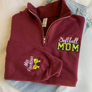 Custom Softball Mom Sweatshirt with Kid Name on sleeve Personalized Softball mama Shirt Game Day Softball Season Zip Up Baseball Mom Shirt