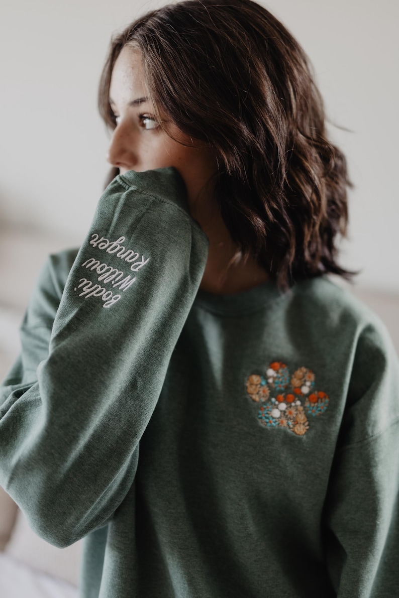 Floral Embroidered Fall Sweatshirt Custom Autumn Crewneck w Pet Name on Sleeve Fall Sweatshirt for Dog Lover Fall Fur MAMA Sweatshirt image 1