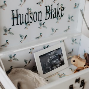 A white trunk with a pattern of ducks and the name "Hudson Blake" printed on it, containing a framed photograph and a wooden toy.