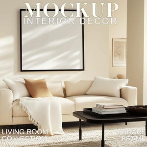 Square Frame in Boho Living Room Mockup, Wall Art Black Frame, Realistic Living Room Mockup, Minimal Interior Decor, Art Template PSD JPG