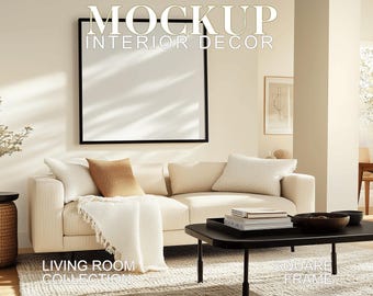 Square Frame Boho Living Room Mockup: Black Frame Art Template (PSD JPG)