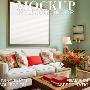 Horizontal 5x4 Frame Mockup, Colorful Living Room, Interior Decor, Realistic Landscape Wall Art Frame in Luxury Room, Large Frame  PSD JPG