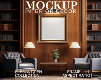 Maqueta de marco de oficina, Maqueta de decoración de interiores, Marco de arte de pared en un entorno de biblioteca de lujo, Arte cuadrado 1:1, Arte de marco de plantilla PSD JPG