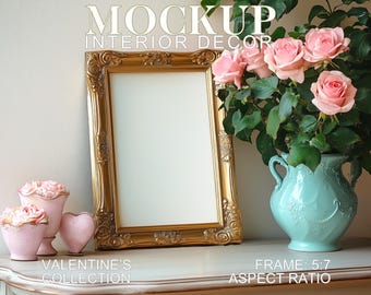 Maqueta de marco dorado de San Valentín: 5x7, estilo coquette vertical (PSD JPG)