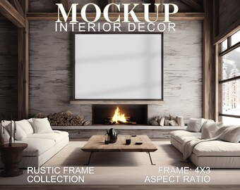Maqueta de elegancia rústica 04 / Maqueta de lujo de diseñador / Marco de arte de pared en un entorno de granja / Arte horizontal 4:3 / Plantilla de arte de marco PSD JPG