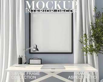 Maqueta de marco de oficina, marco cuadrado negro, marco bohemio moderno minimalista, marco para arte de pared, detalles en blanco y negro, para arte en relación de aspecto 1:1, PSD, JPG