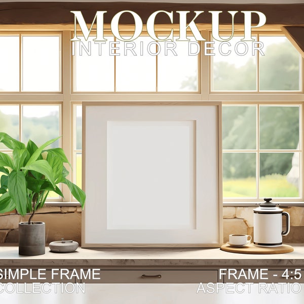 Minimal Frame Mockup 01, Interior Decor Mock-up, Wall Art Frame in Farmhouse Kitchen Setting/4:5 Vertical Art/Template Frame Art PSD JPG
