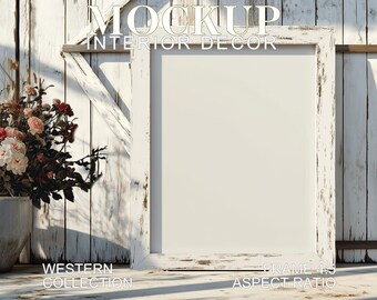 Maqueta de marco rústico blanco de 4x5 en granero, arte de decoración del oeste, marco de madera vertical para arte y pósteres campestres, folclóricos y del suroeste, PSD JPG
