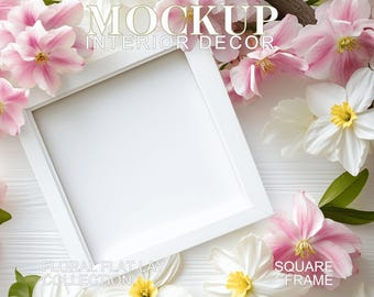 Maqueta de marco cuadrado con flores de magnolia: Arte primaveral (PSD JPG)