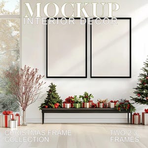 May include: Two black picture frames with white mats, hanging on a white wall. The frames are 2:3 aspect ratio. A small Christmas tree with red and silver ornaments is in the corner of the room. A bench with a vase of red branches and a few Christmas presents on it is in front of the frames.
