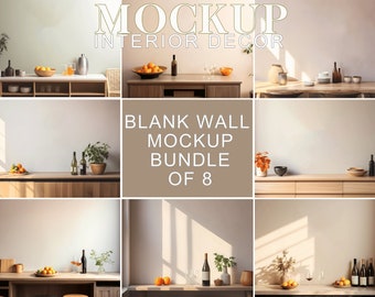 Paquete de 8 maquetas de pared vacía, paredes vacías, plantillas de pared modernas bohemias, escenas de pared vacía de interior, maqueta de marco de pared vacía, archivos JPG