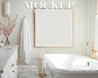 Peut inclure: Une salle de bain blanche avec un tableau encadré d'or, une serviette blanche accrochée à un crochet, une baignoire blanche avec des robinets dorés et une table d'appoint dorée avec deux bougies blanches. Le texte "Bathroom Collection" est dans le coin inférieur gauche de l'image. Le texte "FRAME - 1:1 ASPECT RATIO" est dans le coin inférieur droit de l'image.