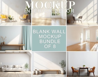 Pacchetto di mockup da parete vuota di 8, stanze interne vuote, modello di parete moderna Boho, scene artistiche di pareti vuote, mockup di cornici da parete vuote, JPG