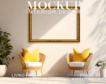 Maqueta de marco dorado horizontal en la sala de estar, decoración interior, marco de pared en un entorno de habitación colorido, arte de plantilla boho pastel paisajístico PSD JPG