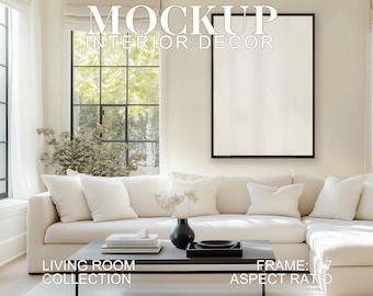 Maqueta de marco negro de 5x7: Decoración neutra para sala de estar (PSD JPG)