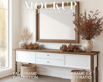 Maqueta de marco de otoño de 5 x 4, marco horizontal con escena rústica de otoño, marco de paisaje minimalista para arte de otoño/Navidad, marco campestre de 5 x 4, PSD JPG