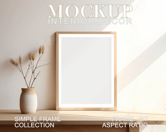 Maqueta de marco de madera vertical simple 01, marco boho moderno minimalista, marco de arte de pared, maqueta de póster para relación 5:7 50 x 70 cm arte PSD JPG