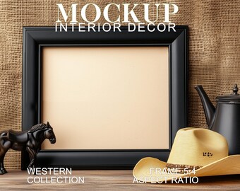 Maqueta de marco horizontal de estilo occidental simple de 5 x 4 pulgadas para arte de vaqueros, tema del suroeste, marco negro en un entorno rústico, plantilla de arte PSD JPG