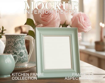 Maqueta de marco de 4 x 5 en un entorno de cocina campestre de color verde salvia, marco vertical minimalista, decoración de interiores, para cocina, arte de jardín, retrato, PSD JPG