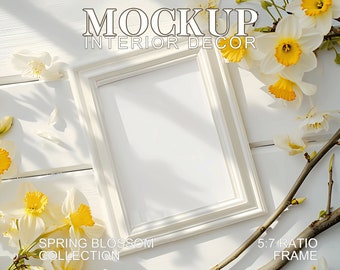 Maqueta de arte plano, marco vertical de primavera y verano de 5:7 con flores, PSD y JPG