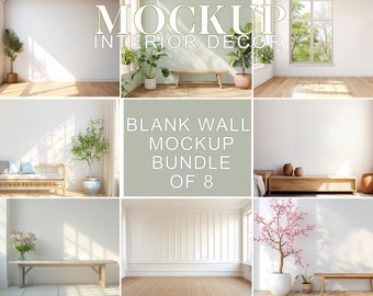 Pacchetto di mockup da parete vuota di 8, stanze interne vuote, modello di parete moderna Boho, scene artistiche di pareti vuote, mockup di cornici da parete vuote, JPG