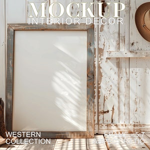 May include: A rustic wooden frame with a white background, perfect for displaying photos or artwork. The frame is leaning against a whitewashed wooden wall with a cowboy hat hanging on a hook above it. The text "WESTERN COLLECTION" is printed below the frame and "FRAME - 5:7 ASPECT RATIO" is printed below the hat.