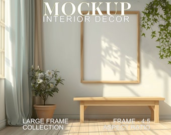 Großer vertikaler Holzrahmen-Mockup 09, minimalistischer Boho-Rahmen in rustikalem Meerschaumgrün, Bilderrahmen, Poster-Mockup, 4:5-Format (PSD/JPG)