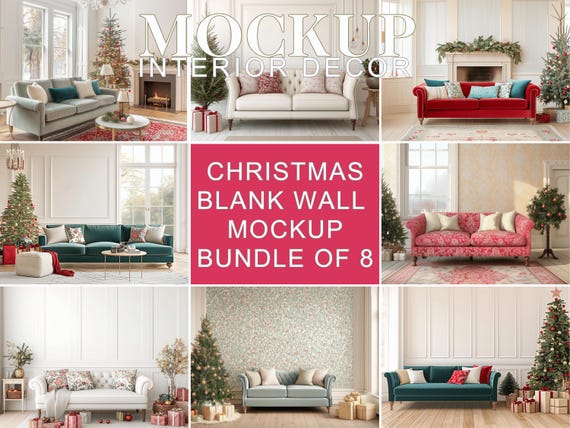 Leere Weihnachtswand-Mockups, 8er-Pack, leere Innenwände mit Weihnachtsdekoration, Wohnzimmer-Mockups, festliche Dekoration, JPGs