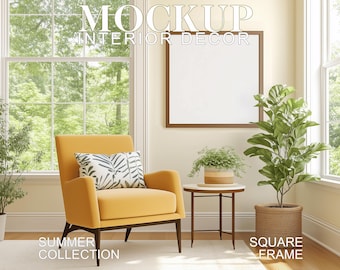 Maqueta de marco cuadrado: Decoración de habitación de verano, marco de madera (archivos PSD y JPG)