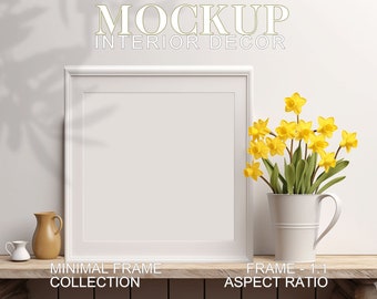 Maqueta de marco cuadrado blanco: Narcisos primaverales, estilo bohemio minimalista (PSD JPG)