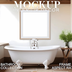 Square Frame in Bathroom, Farmhouse Decor Mockup, 1:1 Wall Art Frame with Matte, Poster, Realistic Mockup, Country Template Frame PSD JPG