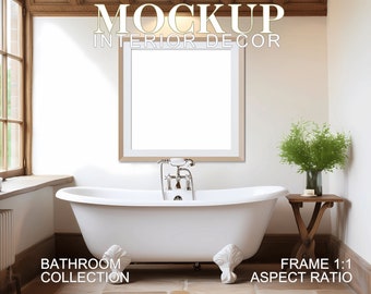 May include: A white bathtub with silver fixtures in a bathroom with a large framed picture above it. The bathroom has a wooden floor and a wooden window frame. There is a small wooden table with a vase of green plants on it. The text "Bathroom Collection" is in the lower left corner of the image and the text "Frame 1:1 Aspect Ratio" is in the lower right corner of the image.