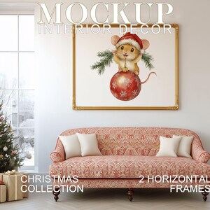 May include: A festive interior scene featuring a Christmas tree, gifts, and a sofa with throw pillows. A framed artwork depicts a mouse wearing a Santa hat atop a red ornament. Text reads "MOCKUP INTERIOR DECOR", "CHRISTMAS COLLECTION", and "2 HORIZONTAL FRAMES".