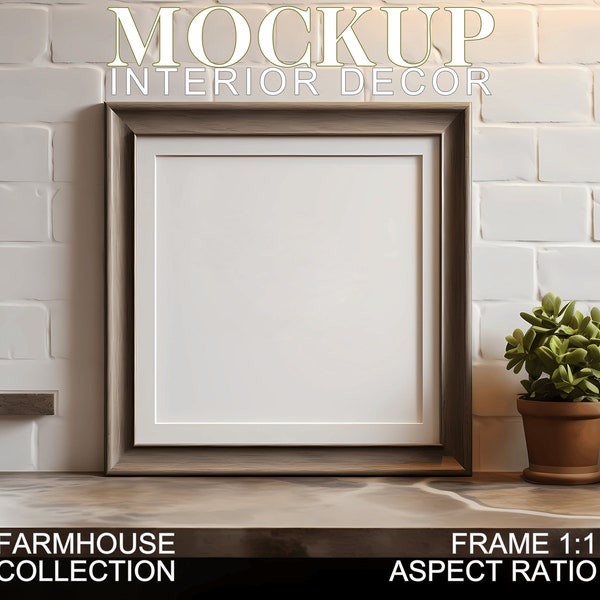 Square Gray Frame on Farmhouse Shelf, Minimal Frame,  Art Print Mock Up, Square Orientation, Country Kitchen Art Mockup  1:1 Ratio PSD & JPG