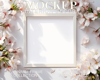 Maqueta de marco cuadrado: Flores de manzano, marco blanco minimalista (PSD JPG)