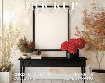 Maqueta de marco navideño vertical, marco negro 4x5 en una elegante escena navideña, maqueta de temporada mínima para arte navideño, marco simple, PSD JPG
