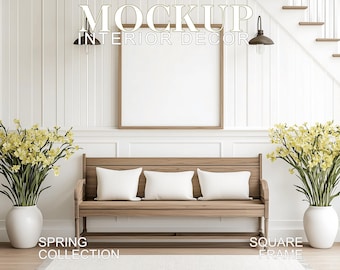 Maqueta de marco cuadrado: recibidor blanco con cojines personalizables (archivos PSD y JPG)