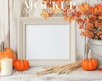 Maqueta de marco con arte otoñal, relación de aspecto 5x4, orientación horizontal/horizontal, arte de Halloween, decoración rústica, marco campestre simple, plantilla PSD JPG