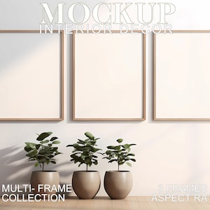 May include: Three wooden picture frames with white mats, arranged horizontally on a white wall. The frames are empty and ready for your photos or artwork.  The frames are 4:5 aspect ratio.  Three potted plants are in the foreground.