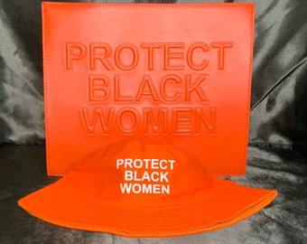 Protect Scarlet Women Campaign Orange Faux leather handbag and bucket hat dimensions 12+10+5