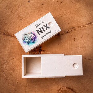 Wooden box with sliding lid and print, gift packaging for money or small gifts